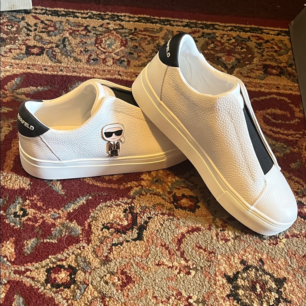 Karl Lagerfeld White Leather Slip-On Sneakers with Black Heel Tab and Icon